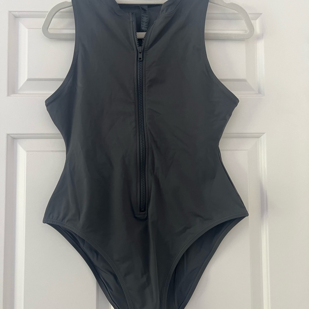 SKIMS Charcoal Zip-Up Swimwear